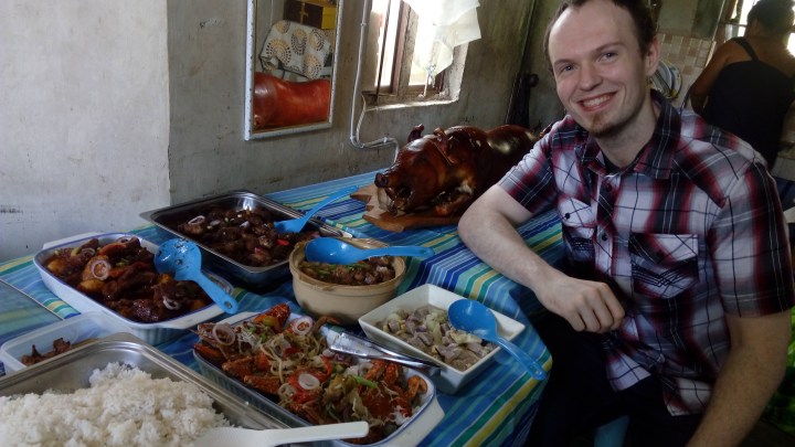 I couldn't find a picture of us at Mang Inasal so here's me surrounded by a bunch of food.